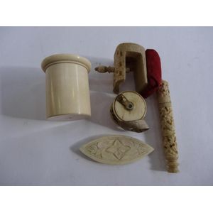 5 Victorian ivory sewing items, including clamp pin cushion and…