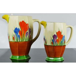 Clarice Cliff two Crocus pattern jugs 18 cm & 15.5 cm