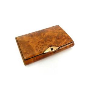 A French burr walnut card case with an 18ct rose gold cabochon…