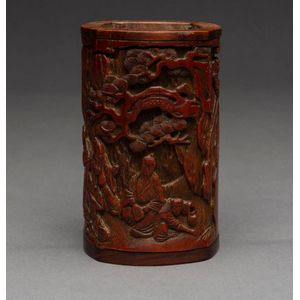 Bamboo brush pot decorated with carved plants and a poem in low relief,  19th century-20th century 