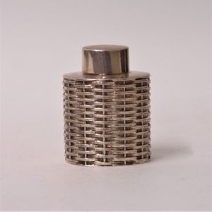 A late Victorian silver tea caddy, oval basket weave form, pull…