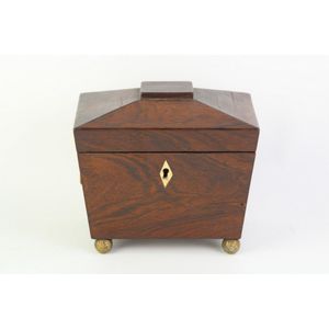 Small flame mahogany sarcophagus tea caddy Victorian in age and…