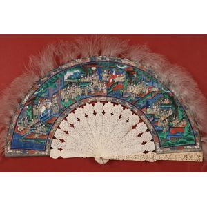 Chinese Qing Dynasty ivory and painted fan, with carved ivory&hellip;