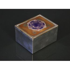Three Castles silver plated cigarette box. Enamel roundel to…