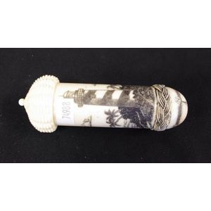 Good carved bone Scrimshaw lidded container 11.5 cm long approx.