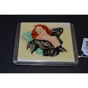 Sterling silver cigarette box with enamelled 'Glamour Girl' top,…
