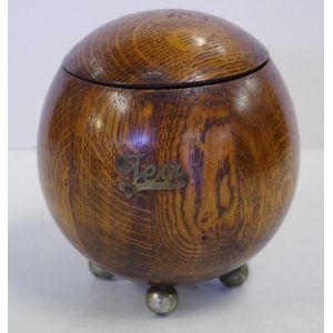 Vintage English oak tea caddy on 3 ball feet & with a ceramic…
