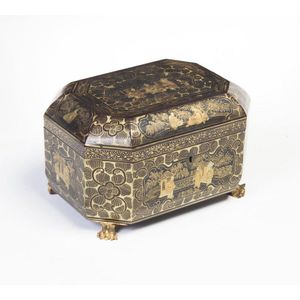 A black lacquer and gilt chinoiserie tea caddy, 19th century,…