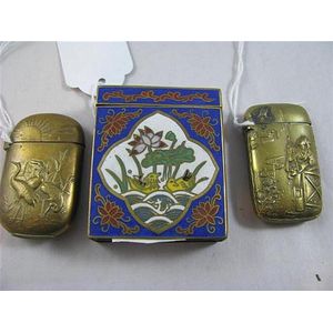 Chinese cloisonne lidded box and two Japanese brass vesta boxes…
