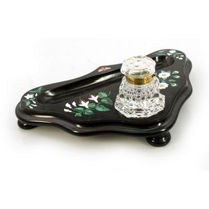 Early pietra dura standish, & crystal inkwell. Black marble,…