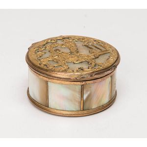 Tiny french Snuff pill box brass 4 inlay mother of pearl small