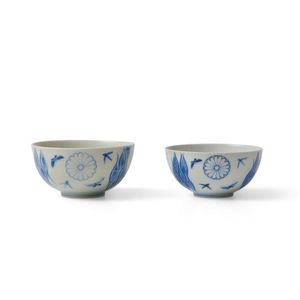 A pair of Imperial Japanese blue and white tea bowls, Meiji…