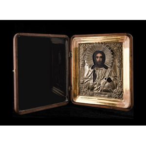 19th century Russian icon, Christ Pantocrator. Silver brass…