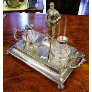 Victorian silver plated ink stand, with military figure and…