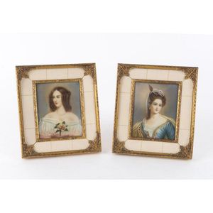A pair of Italian miniature portrait paintings in ivoreen and…