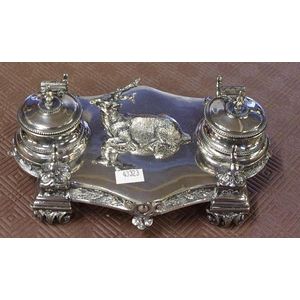 Ashberry and Son silver plate inkstand depicting resting deer.…