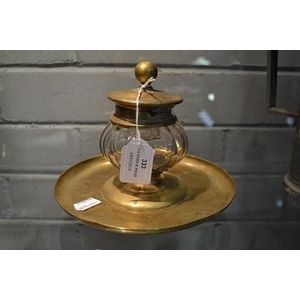 Antique bronze and glass inkwell, approx 16 cm high, 20 cm wide