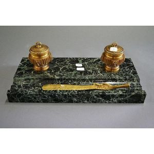 Antique French bronze inkstand, mounted on a green marble base,…