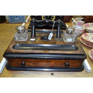 Antique ebonized and walnut partners inkstand, with crystal and…