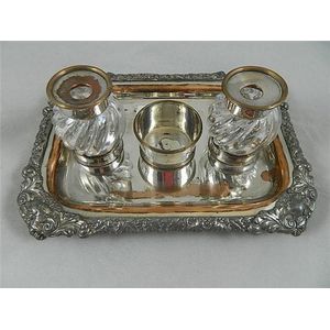 Old Sheffield plate inkstand with two bottles (1830-1845)