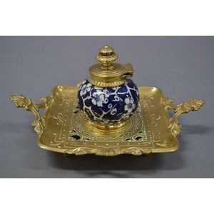 Antique bronze and pottery ink stand, of pierced tray design,…