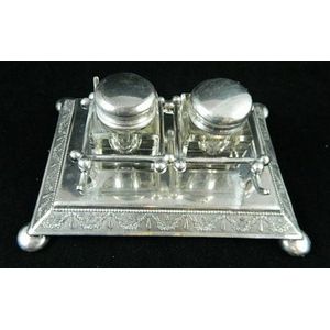 Edwardian silver plated inkstand with two silver plated top…