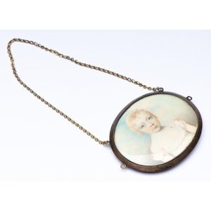 A hand painted silver framed miniature portrait with chain,…