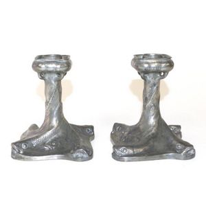 Pair Ahlberg Art Nouveau Swedish candlesticks pewter, with fish…