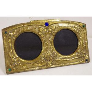 Arts & Crafts double photo frame in brass & timber, with tree &…