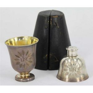 An early Victorian silver portable Communion set, plain urn…