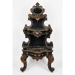 Victorian Papier Mache and mother-of-pearl whatnot, c. 1860, in…