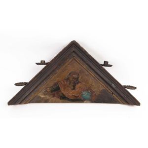 A wooden fragment depicting an ecclesiastical scene with four…