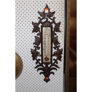 Antique French carved Black Forest thermometer, 65 cm high
