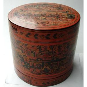 A large Burmese lacquered betel nut box, circa 1920, painted…