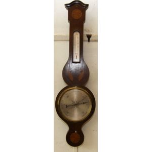 A Sheraton Revival mahogany and inlaid banjo barometer. 93 cm…