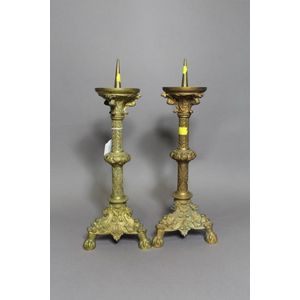 A pair of large German pricket candlesticks, circa 1600 Brass