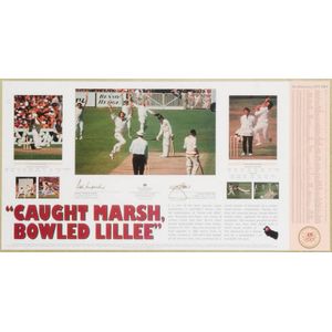 'Caught Marsh, Bowled Lillee', lithographed print signed by Rod…