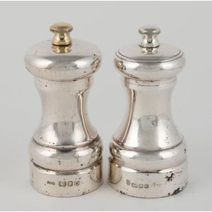 Pair of 1960's English Pepper Grinders Wood with Sterling Silver