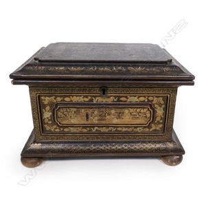 A Victorian black lacquer and gilt chinoiserie tea caddy, the…