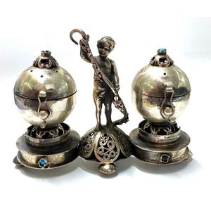 A pair of silver metal Balsamides on stand, onyx & turquoise…