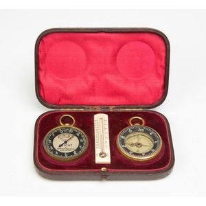 A boxed compass, barometer and thermometer, circa 1900,…