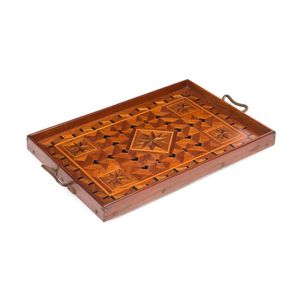 A rectangular parquetry drinks tray with brass handles, French ...