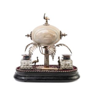 An Australian silver plated mounted emu egg desk set carved…