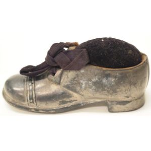 Early silver plate miniature shoe pin cushion length 8 cm