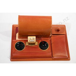 Vintage Asprey & Co London five piece orange leather desk set…