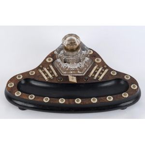 An antique English desk set, burr walnut with mother of pearl…