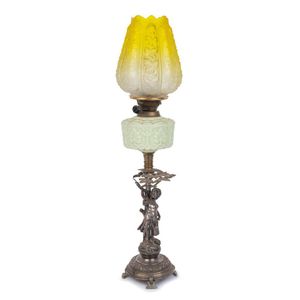 An antique oil lamp with figural silver plated base, Duplex…