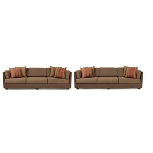 A pair of leather and linen upholstered three seat sofas by…