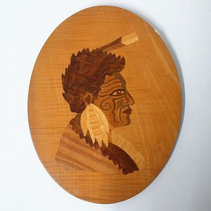 A 1960s/1970s inlaid N.Z. woods portrait panel by Mr L.J. Cox,…