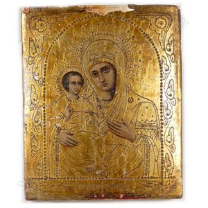 A small Hodegetria icon, in enamels with simulated oklad…